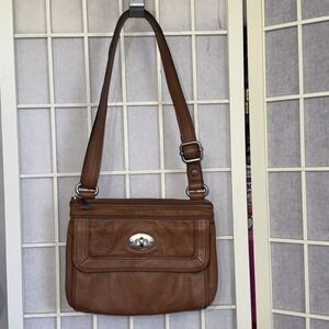 FOSSIL Brown Classic Equestrian Genuine Leather Top Zip Crossbody Bag